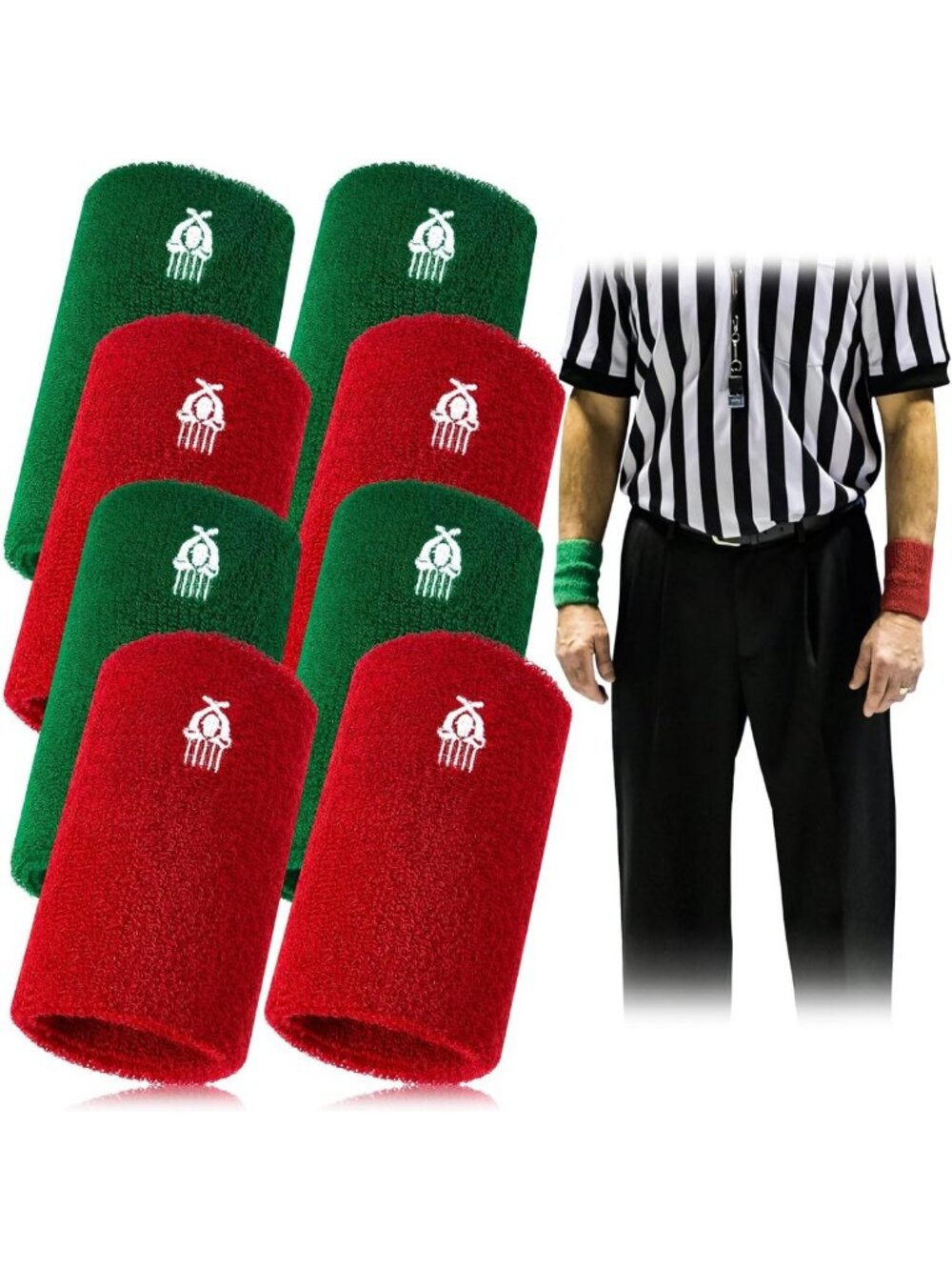 Wrestling Wrist Bands Set - Red & Green 5" Official Referee Armbands for